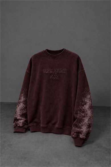 Erkek Bordo Black Marble Özel Yıkamalı Oversize Sweatshirt