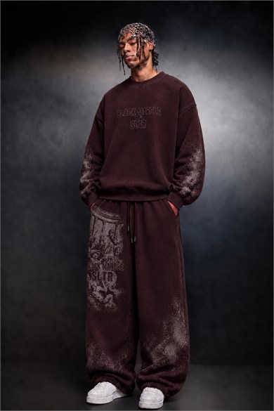 Erkek Bordo Black Marble Özel Yıkamalı Baggy Eşofman