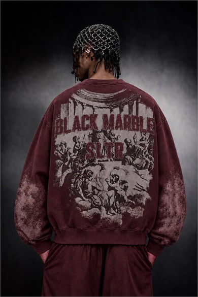 Erkek Bordo Black Marble Özel Yıkamalı Oversize Sweatshirt