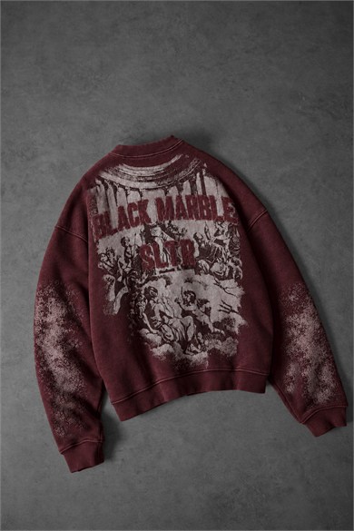 Erkek Bordo Black Marble Özel Yıkamalı Oversize Sweatshirt