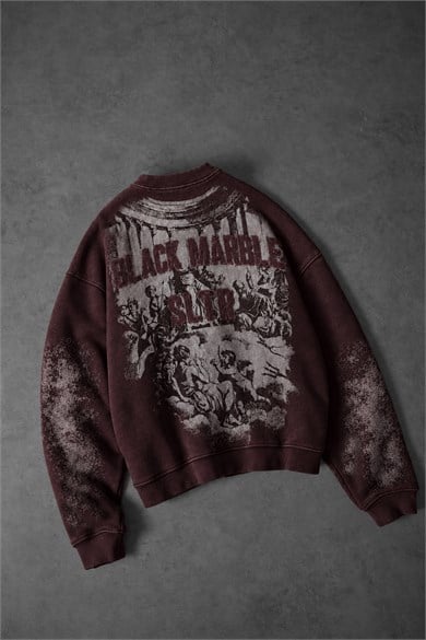 Erkek Bordo Black Marble Özel Yıkamalı Oversize Sweatshirt