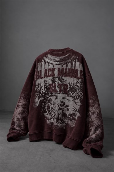 Erkek Bordo Black Marble Özel Yıkamalı Oversize Sweatshirt