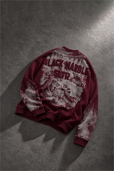 Erkek Bordo Black Marble Özel Yıkamalı Oversize Sweatshirt