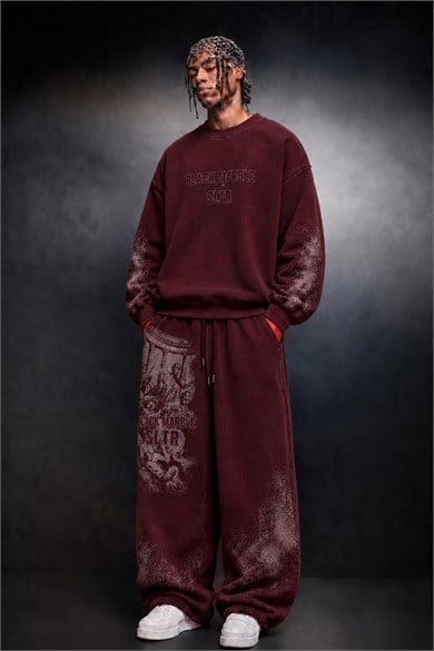 Erkek Bordo Black Marble Özel Yıkamalı Baggy Eşofman