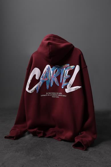 Erkek Bordo Cartel Kabartma Baskılı Kapüşonlu Oversize Sweatshirt