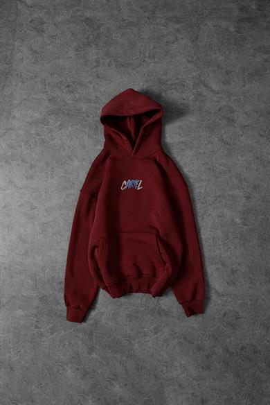 Erkek Bordo Cartel Kabartma Baskılı Kapüşonlu Oversize Sweatshirt