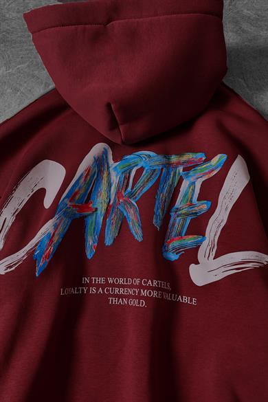 Erkek Bordo Cartel Kabartma Baskılı Kapüşonlu Oversize Sweatshirt