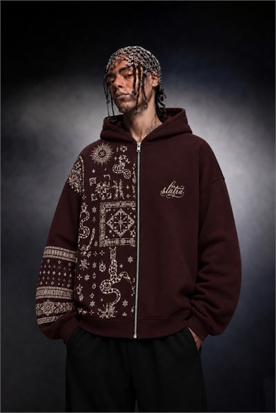 Erkek Bordo Codex Oversize Full Zip Hoodie