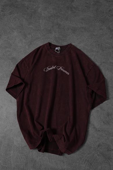Erkek Bordo Divided Personas Baskılı Özel Yıkamalı Kumaş Oversize Tshirt