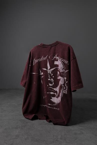 Erkek Bordo Divided Personas Baskılı Özel Yıkamalı Kumaş Oversize Tshirt