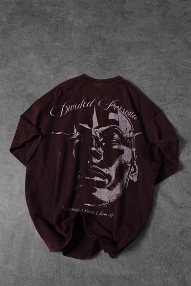 Erkek Bordo Divided Personas Baskılı Özel Yıkamalı Kumaş Oversize Tshirt