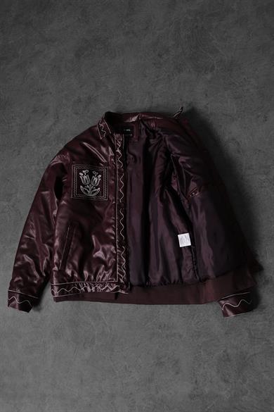 Erkek Bordo Düğmeli Nakış Detay Astarlı Deri Ceket