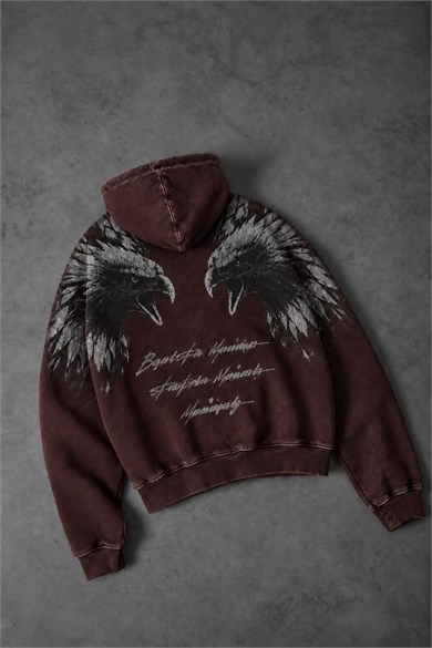 Erkek Bordo Eagle Özel Yıkamalı Oversize Hoodie