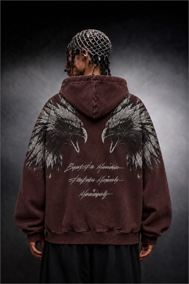 Erkek Bordo Eagle Özel Yıkamalı Oversize Hoodie
