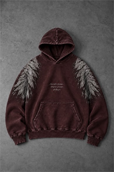 Erkek Bordo Eagle Özel Yıkamalı Oversize Hoodie