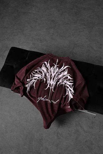 Erkek Bordo Ephemeral Baskılı Özel Yıkamalı Kumaş Oversize Tshirt