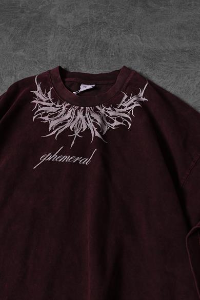 Erkek Bordo Ephemeral Baskılı Özel Yıkamalı Kumaş Oversize Tshirt