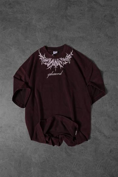 Erkek Bordo Ephemeral Baskılı Özel Yıkamalı Kumaş Oversize Tshirt