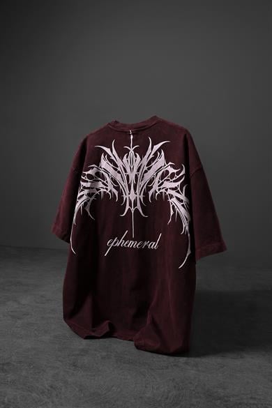 Erkek Bordo Ephemeral Baskılı Özel Yıkamalı Kumaş Oversize Tshirt