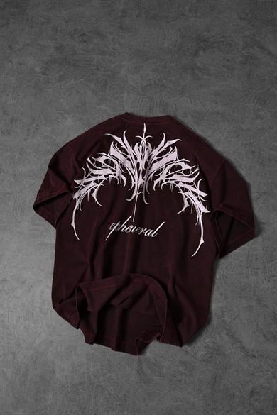 Erkek Bordo Ephemeral Baskılı Özel Yıkamalı Kumaş Oversize Tshirt
