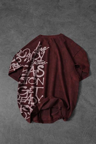 Erkek Bordo Grafiti Yan Baskı Özel Yıkamalı Kumaş Oversize Tshirt
