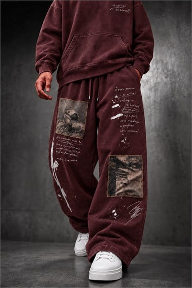 Erkek Bordo Himself Patch Özel Yıkamalı Baggy Eşofman