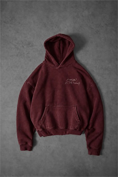Erkek Bordo Himself Patch Özel Yıkamalı Oversize Hoodie