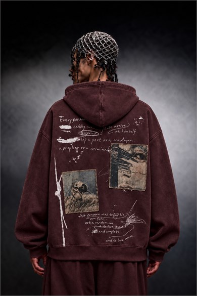 Erkek Bordo Himself Patch Özel Yıkamalı Oversize Hoodie