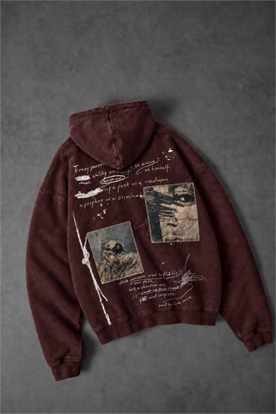 Erkek Bordo Himself Patch Özel Yıkamalı Oversize Hoodie