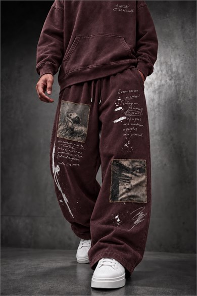 Erkek Bordo Himself Patch Özel Yıkamalı Baggy Eşofman