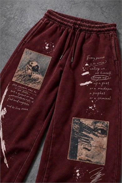 Erkek Bordo Himself Patch Özel Yıkamalı Baggy Eşofman