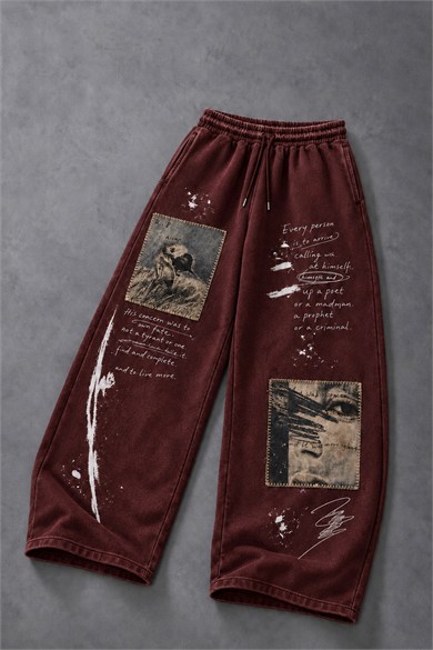 Erkek Bordo Himself Patch Özel Yıkamalı Baggy Eşofman