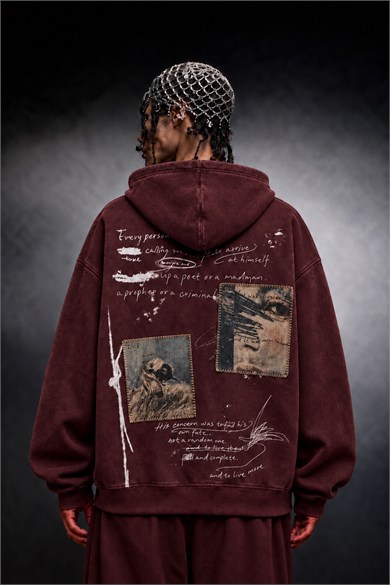 Erkek Bordo Himself Patch Özel Yıkamalı Oversize Hoodie