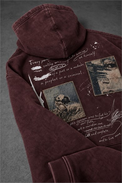 Erkek Bordo Himself Patch Özel Yıkamalı Oversize Hoodie