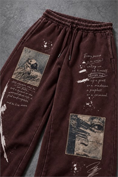 Erkek Bordo Himself Patch Özel Yıkamalı Baggy Eşofman