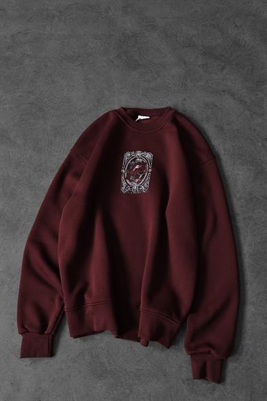 Erkek Bordo İndefinite Nakışlı Oversize Sweatshirt
