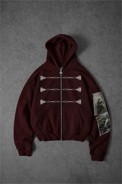 Erkek Bordo Knight Oversize Full Zip Hoodie