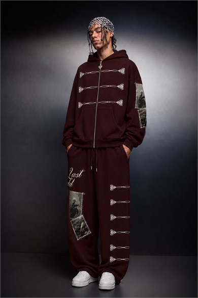 Erkek Bordo Knight Oversize Full Zip Hoodie
