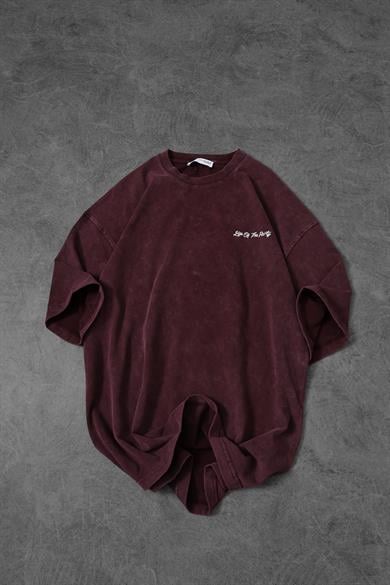 Erkek Bordo Life Of The Party Aplike Pis Nakış Yıkamalı Oversize Tshirt