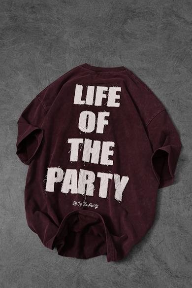 Erkek Bordo Life Of The Party Aplike Pis Nakış Yıkamalı Oversize Tshirt