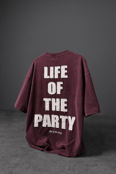 Erkek Bordo Life Of The Party Aplike Pis Nakış Yıkamalı Oversize Tshirt
