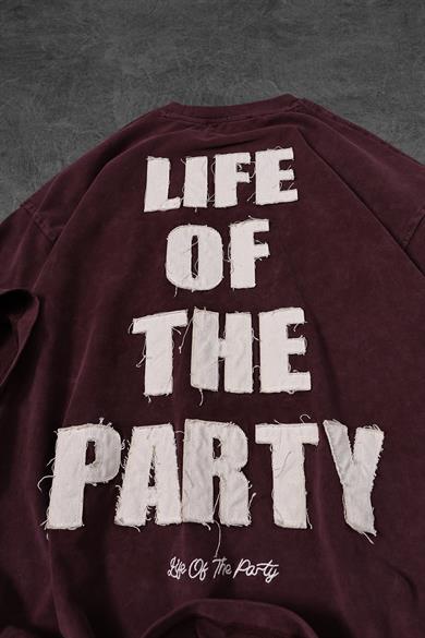 Erkek Bordo Life Of The Party Aplike Pis Nakış Yıkamalı Oversize Tshirt