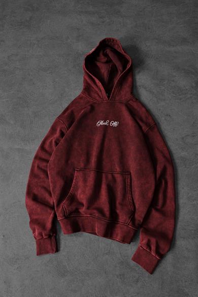 Erkek Bordo Mask Nakışlı Özel Yıkamalı Oversize Kapüşonlu Sweatshirt