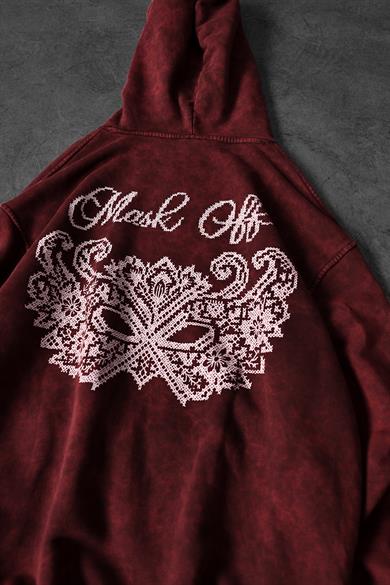Erkek Bordo Mask Nakışlı Özel Yıkamalı Oversize Kapüşonlu Sweatshirt