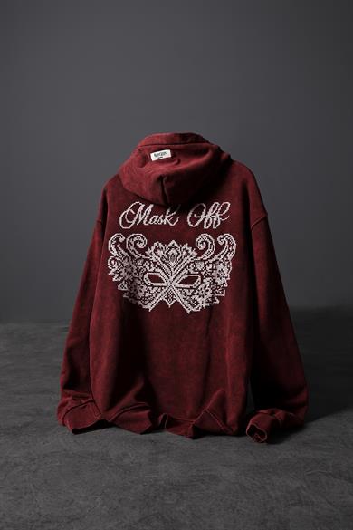 Erkek Bordo Mask Nakışlı Özel Yıkamalı Oversize Kapüşonlu Sweatshirt