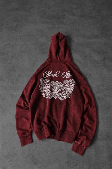 Erkek Bordo Mask Nakışlı Özel Yıkamalı Oversize Kapüşonlu Sweatshirt