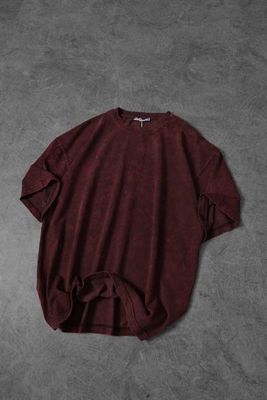 Erkek Bordo Özel Yıkamalı Kumaş Oversize Tshirt
