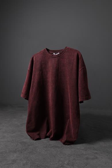Erkek Bordo Özel Yıkamalı Kumaş Oversize Tshirt