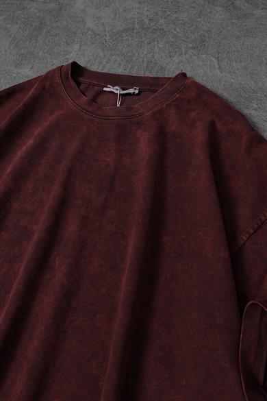 Erkek Bordo Özel Yıkamalı Kumaş Oversize Tshirt