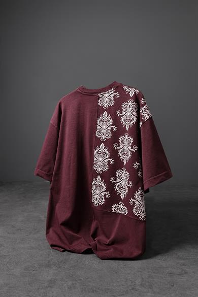 Erkek Bordo Paisley Özel Yıkamalı Kumaş Oversize Tshirt